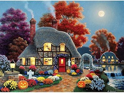 Bits and Pieces - 300 Piece Jigsaw Puzzle for Adults 18" x 24" - Halloween Cottage - 300 pc Autumn Fall House Bats Pumpkin Garden Moon Night Jigsaw by Artist Heather Burns