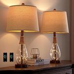 OYEARS 23" USB A+C Table Lamp Sets of 2 Modern Bedside Lamps Retro Farmhouse Rattan Glass Nightstand Nightlight Lamps for Bedroom Living Room Dorm