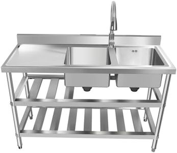 Commercial Sink,2-Stainless Steel Utility Sink with Pull-out Faucet, Cold and Hot Water Pipe,w/Workbench 3 Tier Storage Shelves,for Restaurant, Garage, Outoor, 17.7"D x 47.2"W x 31.9"H (Double slot)