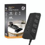 GE UltraPro Adapt 10-Outlet Surge Protector with USB Ports, 1 USB-C Port, 15W, 2 USB-A Ports, 12W, 4ft Braided Cord Surge Protector Power Strip, 3540 Joules, Black, 74763