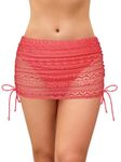 SHEKINI Women's Skirted Bikini Bottoms Side Drawstring Lace Crochet Hollow Swim Skirt with Briefs Swimsuit Bottom, Red, Large