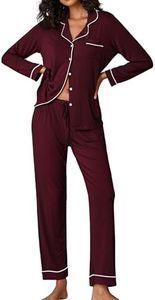 Ekouaer Women's Long Sleeve Pajama Set Classic Button up Sleepwear Set (Wine Red,L)