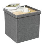 B FSOBEIIALEO Storage Ottoman with Tray, Linen Small Coffee Table Folding Foot Rest Seat Cube, Dark Grey 16"X15.7"x15"