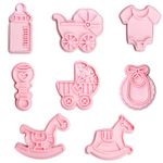 Crethinkaty Baby Shower Cookie Cutters-8Pcs Bayby Shower Cookie Cutter Set Shapes of Stroller,Feeding Bottle,Cradle,Rocking Horse*2,Rattle,Onesies,Bib-3D Plastic Bayby Shower Cookie Moulds Cookie Stamps.