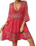 Bsubseach Women Contrast Lace Bathing Suit Cover Up V Neck Bikini Swimsuit Cover Up Dress Beach Outfits Rose