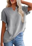 SHEWIN Womens Tops Trendy 2025 Solid Color V Neck Waffle Knit Top Summer Short Sleeve Tee Shirt Loose Fit Tshirts Shirts for Women,US 8-10(M),Grey