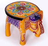 WOODVIBES Wooden Elephant Stool, Puja Stool and Planter Stand for Home Decor/Living Room/Bedroom/Kitchen/Balcony and Office Stool, Embossed Painted, Elephant Shape (Golden)