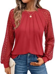 AUTOMET Womens Long Sleeve Shirts Lace Tops Business Casual Fall Fashion Outfits Clothes Knitted Y2k Blouses BrightRed L