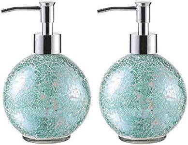 WHOLE HOUSEWARES | Glass Mosaic Hand Soap Dispenser for Bathroom | Lotion Bottle for Kitchen, Bathroom with Chrome Plated Plastic Pump |14 Ounce Set of 2 (Turquoise)