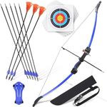 CrazyMouse Bow and Arrow for Teens Beginners Adults Recurve Bow Set 8 Arrows 5 Target Face Archery Longbow Kit Backyard Games Gift for Outdoor Sports (Blue Archery Bow Set)