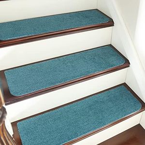 COSY HOMEER Stair Treads Non-Slip 15pcs Carpet Mat 28inX9in Indoor Stair Runners for Wooden Steps, Stair Rugs for Kids and Dogs, 100% Polyester TPE Backing Teal,Protect Floor