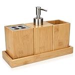 Navaris Bamboo Bathroom Accessories Set - 4-Piece Bath Set with Toothbrush Holder, Soap Dispenser, Storage Container, Organiser Tray - Natural Wood