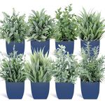 AOKE Set of 8 Fake Plants in Pot, Small Artificial Eucalyptus Blue Potted Plant, Mini Wheat Grass, Ferns Faux Plants Houseplants Greenery for Home Indoor Office Table Bathroom Farmhouse Decoration