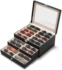 NEWLOOP Sunglass Organizer Display Case - Sunglasses Holder for Men Women Leather Multiple Pair Eye Glasses Storage Organizer 3-Layer Jewelry Watch Eyeglass Collection Box with 30 Slots, Black