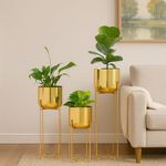 Urban Plant Elevé Metal Planter with Stand Set, 3 Modern Planters with Stands, 16-24.5 Inch Height (Gold)