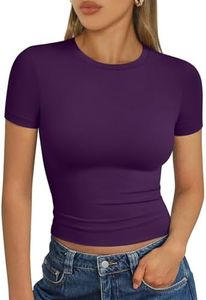Trendy Queen Womens Short Sleeve T Shirts Summer 2026 Crop Tops Basic Slim Fit Gym Workout Y2k Clothes Deep Purple S