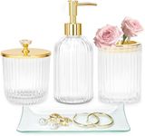 Clear Bathroom Accessories Set, 4Pcs Glass Bathroom Set Complete,Clear Soap Dispenser & Toothbrush Holder Set, Qtip Holder Set, Vanity Tray, Cute Bathroom Decor Housewarming Gifts for Home Apartment