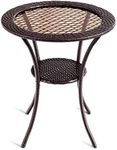 Tangkula 25 inch Patio Wicker Coffee Table Outdoor Backyard Lawn Balcony Pool Round Tempered Glass Top Rattan Steel Frame Side Table Furniture W/Storage Shelf, Brown