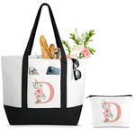 Large Can-vas Tote Bag for Women, Floral Ini-tial Beach Bag w Makeup Bag, Personalized Friend 60th Birthday Couples Bridal Shower Sister Mom Grandma Gifts w Inner Pocket, Top Zi-pper, Gift Box, Card D