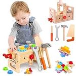 XIAPIA Kids Tool Set Wooden Toys Role Play Toys Tool Box Kids Educational Montessori Construction Toys Easter Birthday Gifts for Boys Girls Toddle Ages 2 3 4 5 6