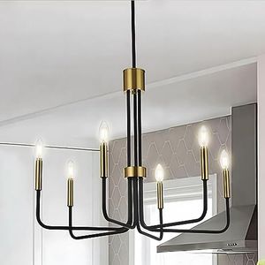 Modern Chandelier Made of Brass Black and Gold, Diameter 71 cm, 6-Bulb Vintage Chandelier, Height-Adjustable Pendant Light, Dining Room, Kitchen Island, Living Room, Foyer E14 (Bulbs Not Included)