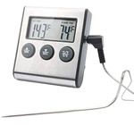 Digital Oven Meat Thermometer & Timer, Large LCD Digital Cooking Food Thermometer with Probe, Stainless Steel Instant Read Grill/Roasting Thermometers for Smoker Outdoor Oven Kitchen BBQ Turkey, Silver