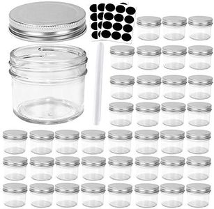 4 oz Clear Glass Jars with Lids (Silver),Betrome 100ml Mason Jars Round Canning Jars Small Spice Jars for Herb,Jelly,Jams Clear Containers for Kitchen Storage,40 Pack with Labels &1 Pen