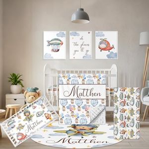 Terwex Personalized Crib Bedding Set, 5 Pcs Custom Name Nursery Bedding Set with Double Layer Flannel Blanket, Pilot Animals Baby Crib Set for Boys Girls, Customized Gifts for Toddlers Infants Babies