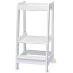 Stepup Baby Toddler Tower with Adjustable Step, White Montessori-Inspired Toddler Step Stool, Standing Tower for Kids, Fits Under Kitchen Counters, Adjustable for 18 Month - 5 Years
