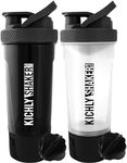 KICHLY Set of 2 Classic Protein Shaker Bottle (24oz) with Protein Shaker Ball - Non-Leak Cap with Container for Protein Shakes – Perfect Fitness & Workout Partner (Black & Clear)