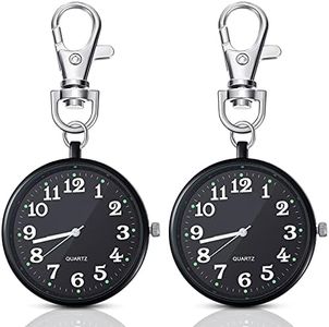 2 Pieces Quartz Pocket Watch with Key Buckle Round Pocket Watch Keychain Watch Portable Unisex Watch (Black)