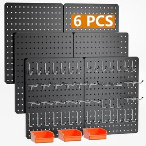Hogurity Peg Board, 112PCS Heavy Duty Metal Pegboard with Hooks, 6 Pack Black Peg Board Panels, 60lbs Load Capacity Each, Pegboard Wall Organizer for Garage, Workshop, Kitchen, Craft Rooms