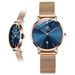 OLEVS Watch Women Minimalist Waterproof Blue Face Analog Quartz Womens Rose Gold Simple Ultra Thin Watches for Women Mesh Watch Elegant Date Ladies Watch, Montre Pour Femme