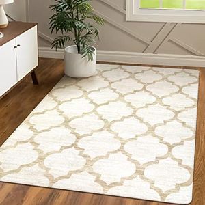 Lahome Moroccan Washable Living Room Rugs - 3x5 Area Rugs for Bedroom Aesthetic Non-Slip Low-Plie Throw Office Rug Entryway Ivory Distressed Capet for Kitchen Bathroom Laundry Kids Room Dining Room