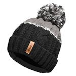 RockJock Unisex Mens Ladies Warm Winter Chunky Colour Block Ski Bobble Pompom Hat with Cosy Thermal Teddy Fleece Liner Black/Grey