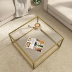 SAYGOER Gold Coffee Table Glass Modern Coffee Tables for Small Space Simple Square Center Table for Living Room Home Office 68 x 68 x 40cm, Easy Assembly