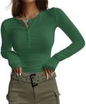 Ekouaer Women's Long Sleeve Henley Shirts Button Ribbed Knit Tops Basic Layering Slim Fit Soft Thermal Underwear Tops Green XL