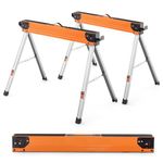 COSTWAY Folding Saw Horse Twin Pack, Heavy Duty Workbench with Flip-Down Pegs, 2 x 4 Support Arms, Non-Slip Pads & Surface, Fully Assembled Metal Trestle Stands Sawhorse, Each Max Load 500kg (Orange)