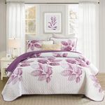 Dinjoy Purple Quilt Set Queen, Tropical Quilt Summer Quilts Leaves Plants on White Floral Bedspread Lightweight Rainforest Bedding Sets Reversible Farmhouse Coverlet 3 Pieces