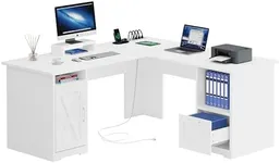 YITAHOME L Shaped Desk with Power Outlets, 60 Inch Computer Desk Corner Desk with File Drawer, Home Office Desk with Monitor Stand & Storage Shelves, L-Shaped Desk with File Cabinet, White