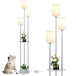 Rayofly Floor Lamp with Shelves, Modern Floor Lamps for Living Room, 3-Lights Standing Lamp with Linen Shades and Foot Switch, Modern Standing Lamps for Bedroom, Corner Tall Lamp for Office, Chrome