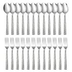 E-far 24-Piece Hammered Forks and Spoons Silverware Set, Stainless Steel Square 12 Dinner Forks and 12 Dinner Spoons, Modern Metal Flatware Cutlery for Kitchen and Restaurant, Dishwasher Safe-7.9 Inch