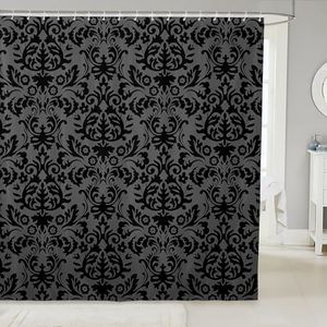 Adults Black Damask Shower Curtain Antique Victorian Baroque Bathroom Curtain 72" Wx84 L Gothic Vintage Floral Bathroom Accessories Bohemian Exotic Grey Bath Curtain with 12 Hooks Bathroom Decor