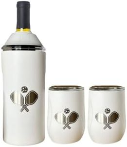 Vinglacé Wine Bottle Chiller Limited Edition Pickleball Gift Set- Portable Stainless Steel Wine Cooler with 2 Stemless Wine Glasses, Pickleball White