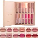 12 Colors Liquid Lipstick Set, Matte Shimmer Waterproof Long Lasting Non-Stick Cup Not Fade Lip Gloss Set, Professional Velvet Nude Book Style Lip Makeup Gift Kit (A)