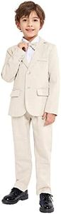 LOLANTA 3 Pièces Garçons Plaid Carreaux Costume, Blazer élégant de fête de Mariage,Ensemble Veste Pantalon Nœud Papillon (Beige,7-8 Ans,Tag 130)