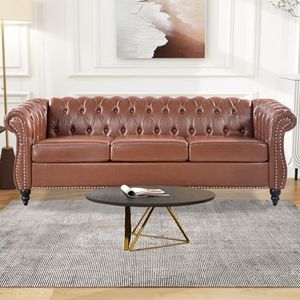 Vaztrlus Brown Chesterfield Sofa, Classic 3-Seater Faux Leather Sofa for The Living Room，Bedrooms, Offices, and Apartments. Featuring Thick Seat Cushion, Rolled Arms, and Button Nailhead Trim.