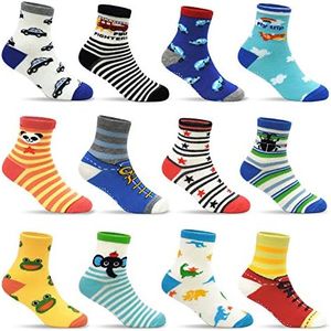 Tphon 12 Pairs Toddler Non Skid Socks with Grips Anti Slip Bottom, Cotton Non Slip Ankle Crew Socks for Boys, Girls, Kids(1-7Years), 05 Cartton Style(12 Pairs)