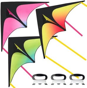 Phobby Delta Kites for Kids Ages 4-8, Green Pink Orange Colorful Beach Kites, Easy to Fly Kites for Beginners, Large Delta Kite for Outdoor Activities and Games (3 Pcs)