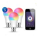 ENERJ Smart WiFi 9W LED Bulb B22 Base, 2700K-6500K RGB Dimmable Colour Changing, Pack of 3